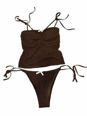 Brown Crochet Two-Piece Swimsuit with White Trim